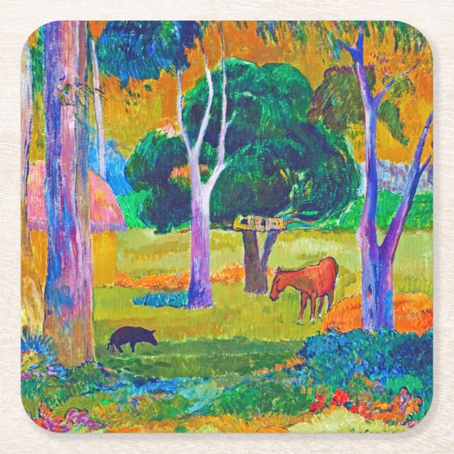 Landscape with Pig and Horse, Gauguin Square Paper Coaster (Front)