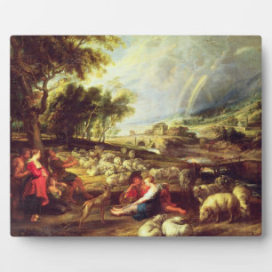 Landscape with Rainbow (oil on canvas) Plaque