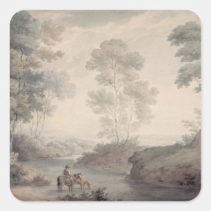 Landscape with River and Horses Watering Square Sticker