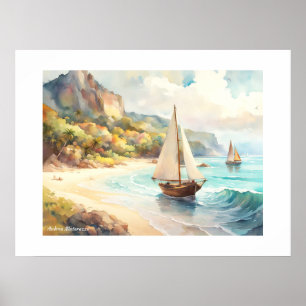 Landscape with sea and sailing ships poster