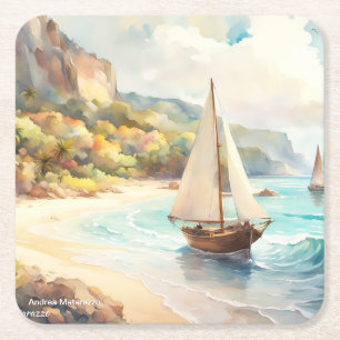 Landscape with sea and sailing ships square paper coaster