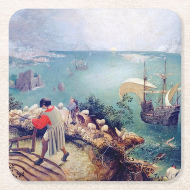 Landscape with the Fall of Icarus, Pieter Bruegel Square Paper Coaster (Front)