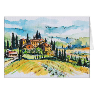 Landscape with town and cypress trees