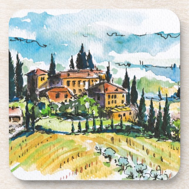 Landscape with town and cypress trees coaster (Front)