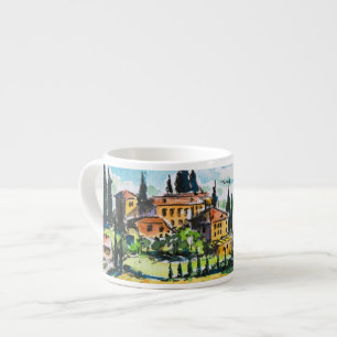 Landscape with town and cypress trees espresso cup