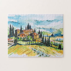 Landscape with town and cypress trees jigsaw puzzle