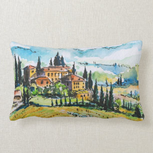 Landscape with town and cypress trees lumbar cushion