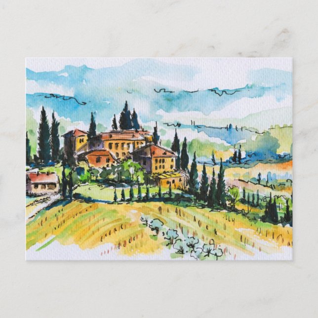 Landscape with town and cypress trees postcard (Front)