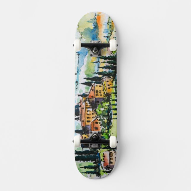 Landscape with town and cypress trees skateboard (Front)
