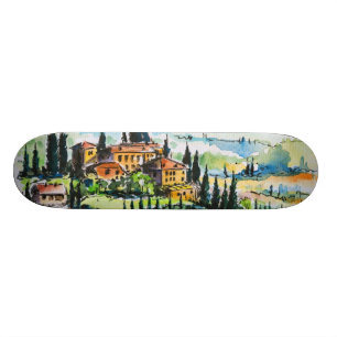 Landscape with town and cypress trees skateboard