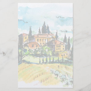 Landscape with town and cypress trees stationery