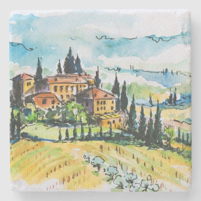 Landscape with town and cypress trees stone coaster (Front)