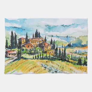 Landscape with town and cypress trees tea towel
