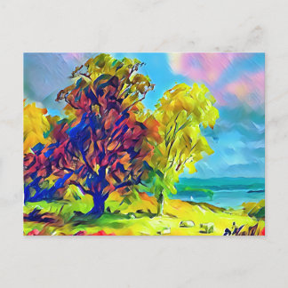 Landscape with trees and sheep  postcard