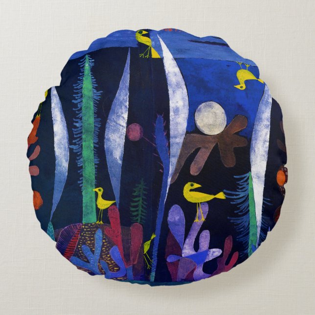 Landscape with Yellow Birds, Paul Klee Round Cushion (Front)