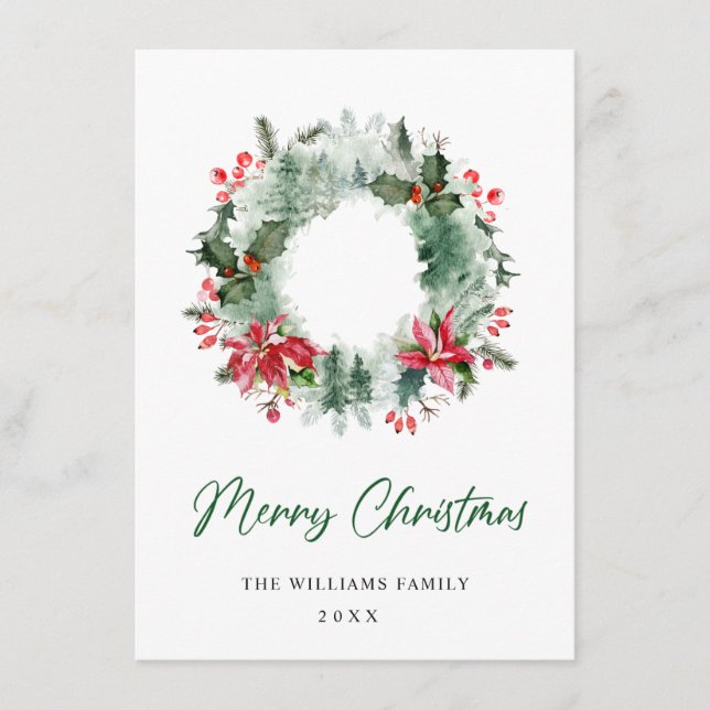 Landscape Wreath Holly Berry Pine Forest Christmas Holiday Card (Front)