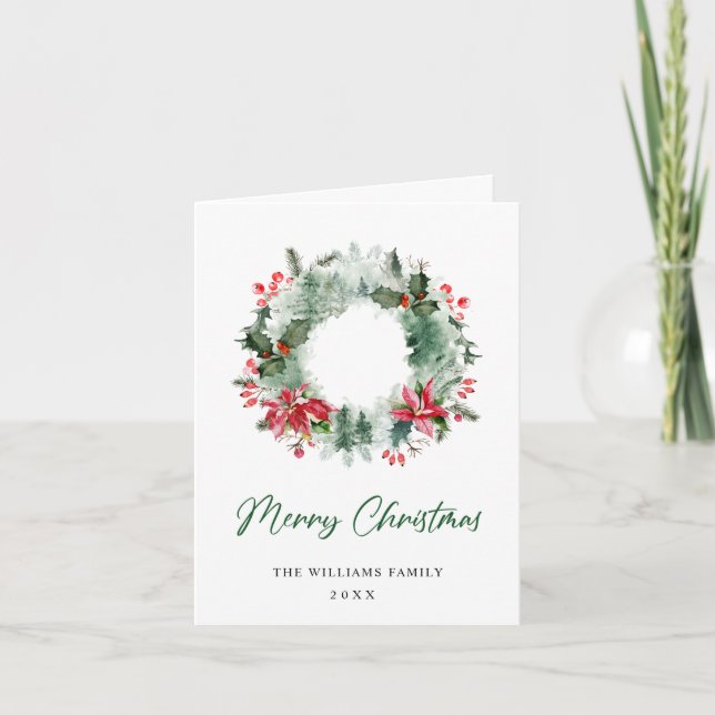 Landscape Wreath Holly Berry Pine Forest Christmas Holiday Card (Front)
