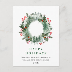 Landscape Wreath Holly Berry Pine Forest Christmas Postcard