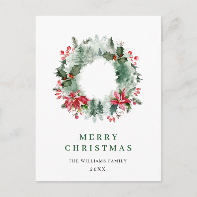 Landscape Wreath Holly Berry Pine Forest Christmas Postcard (Front)