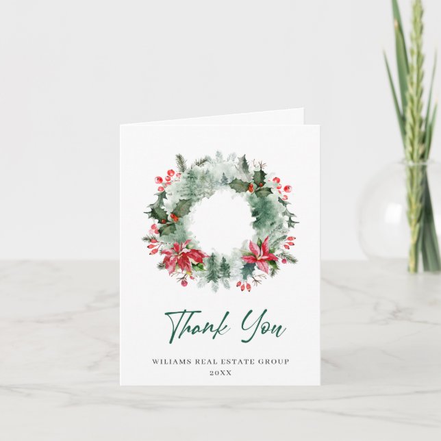 Landscape Wreath Holly Berry Pine Forest Christmas Thank You Card (Front)