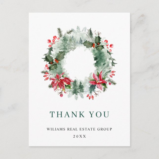 Landscape Wreath Holly Berry Pine Forest Thank You Postcard (Front)