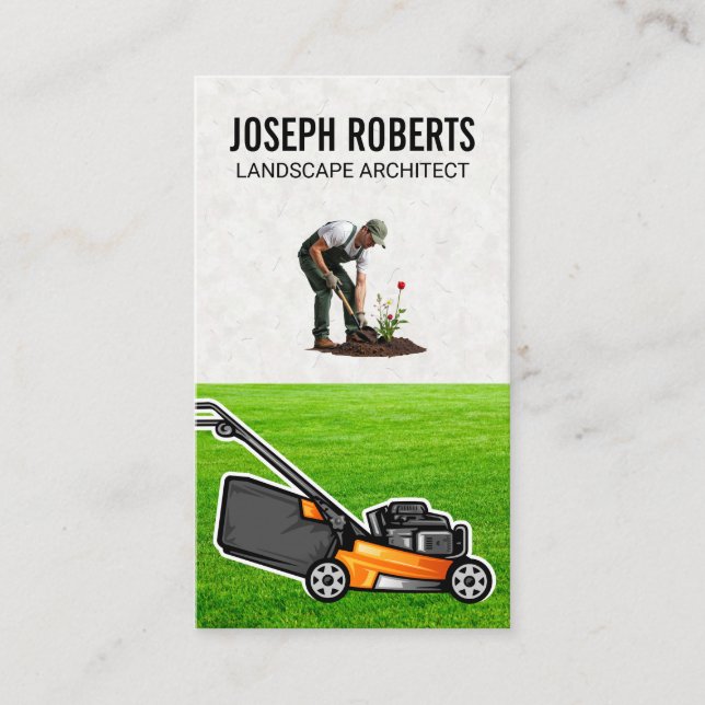 Landscaper Planting in the Garden | Lawn Mower Business Card (Front)