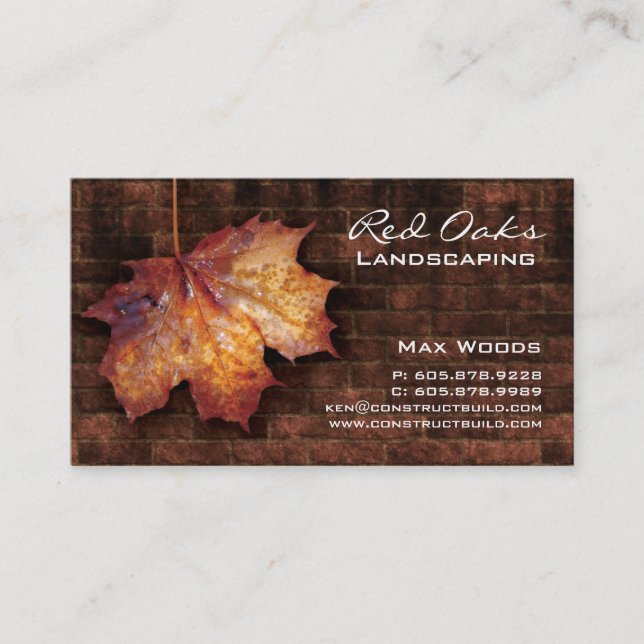 Landscaping Business Card Brick Maple Leaf Brown (Front)