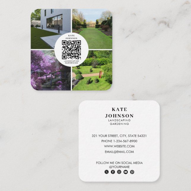 Landscaping Gardening Photo QR Code Social Media Square Business Card (Front/Back)