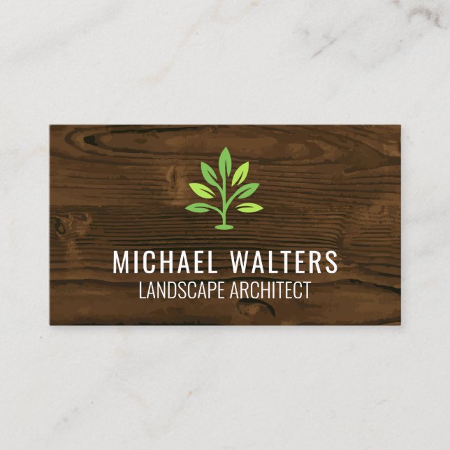 Landscaping Green Plant Icon | Wood Background Business Card (Front)