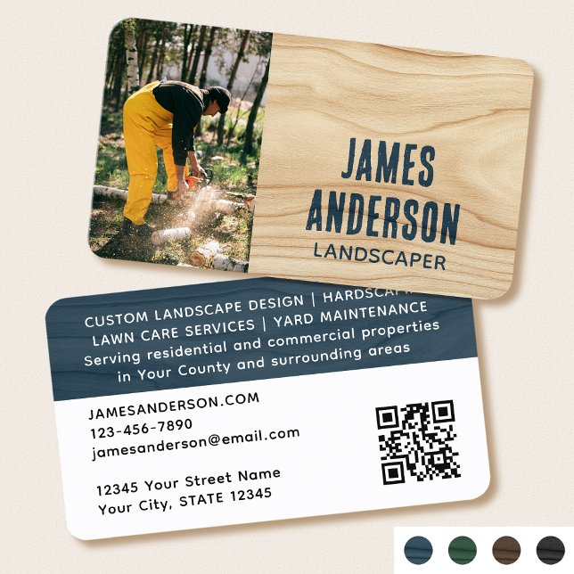 Landscaping Rustic Photo Woodgrain Blue Modern Business Card (Creator Uploaded)