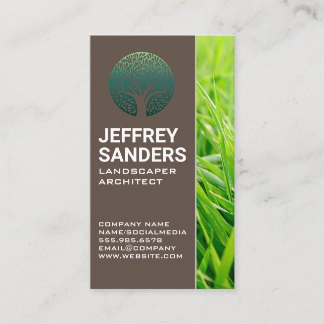 Landscaping Tree Icon | Green Grass Business Card (Front)