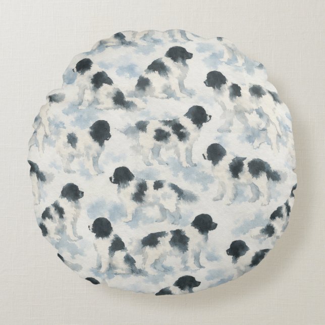 Landseer Newfoundland dog watercolor  Round Cushion (Front)