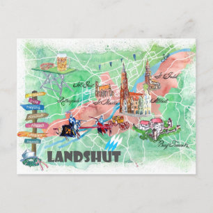 Landshut Bavaria Illustrated Map with Main Roads Postcard