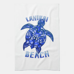 Lanikai Beach Hawaii Vacation Tribal Turtle Tea Towel