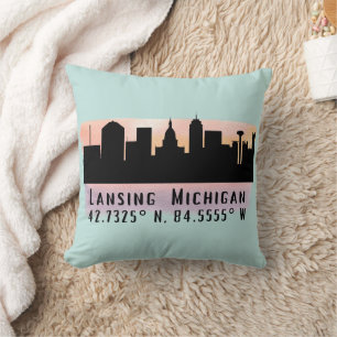 Lansing MI City Skyline Latitude and Longitude  Cushion