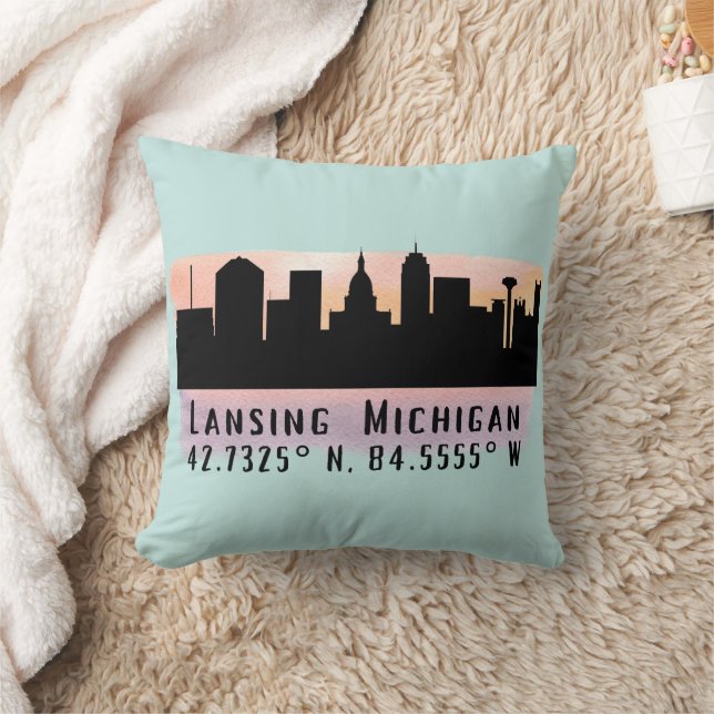 Lansing MI City Skyline Latitude and Longitude  Cushion (Blanket)