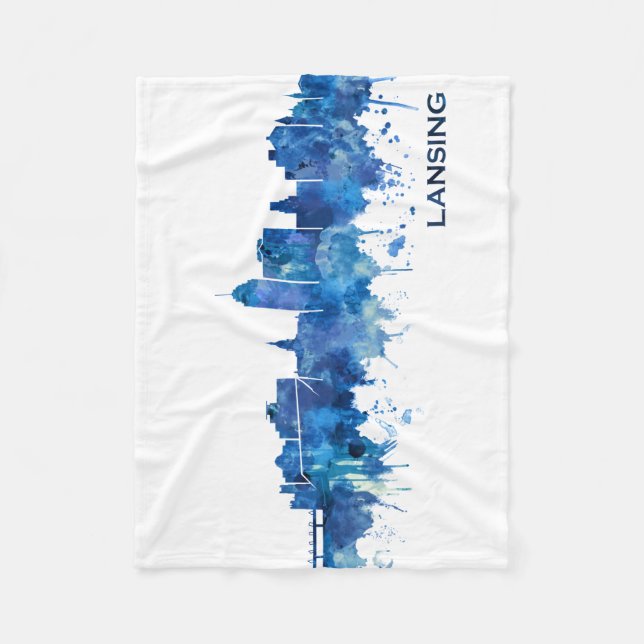 Lansing Michigan Skyline Blue Fleece Blanket (Front)