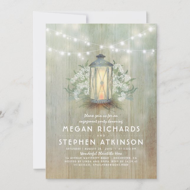 Lantern and Baby's Breath Rustic Engagement Party Invitation (Front)