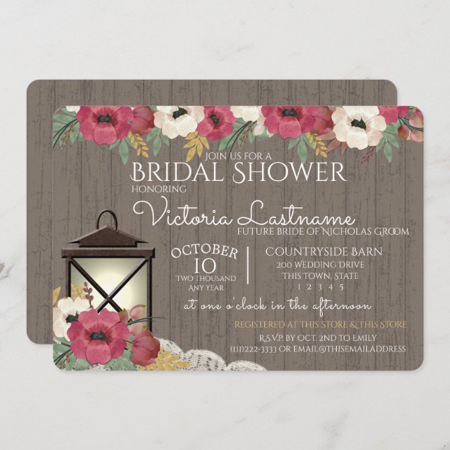Lantern and Flowers Burgundy Bridal Shower Invitation (Front/Back)