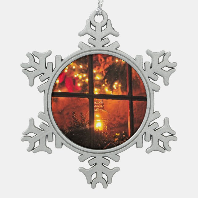 Lantern at Night Snowflake Pewter Christmas Ornament (Front)