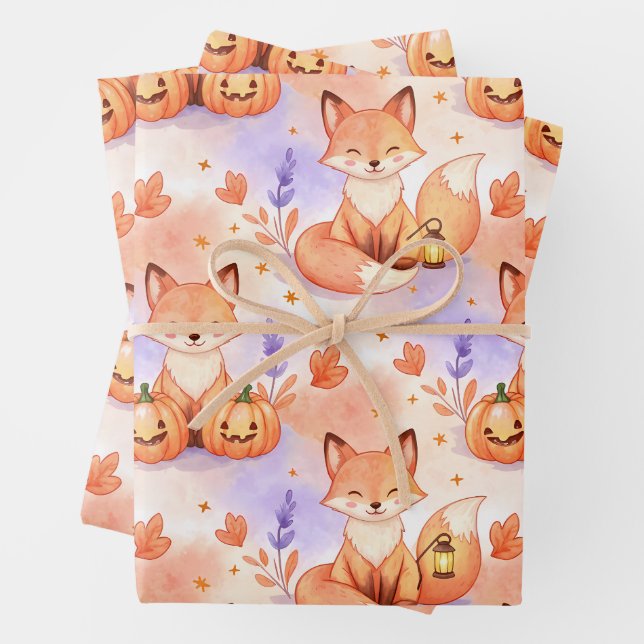 Lantern Foxes & Pumpkin Whimsy – Autumn Woodland P Wrapping Paper Sheet (In situ)