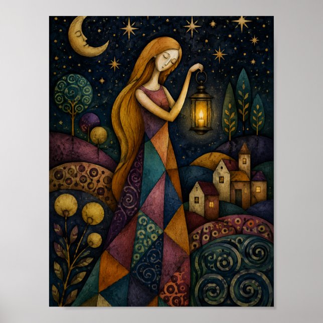 LANTERN GIRL UNDER BLUE STARRY SKY POSTER (Front)