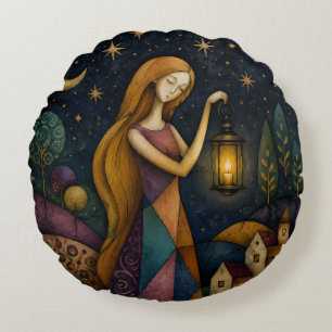 LANTERN GIRL UNDER BLUE STARRY SKY ROUND CUSHION