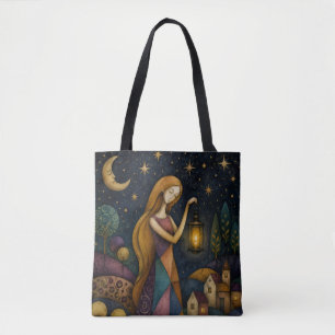LANTERN GIRL UNDER BLUE STARRY SKY TOTE BAG