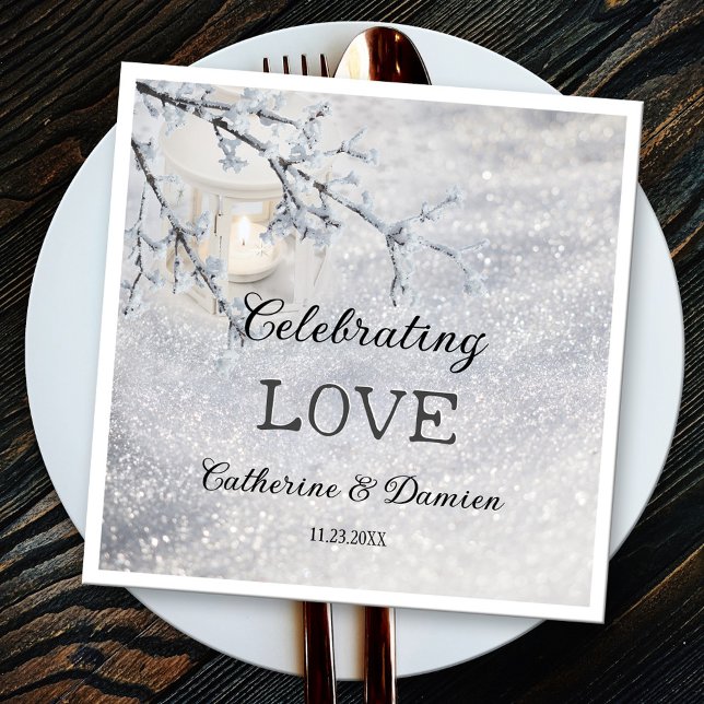 Lantern in Sparkling Snow Winter Wedding Napkin (Paper napkins featuring a candle lit lantern in sparkling snow. Beautiful for a winter wedding)