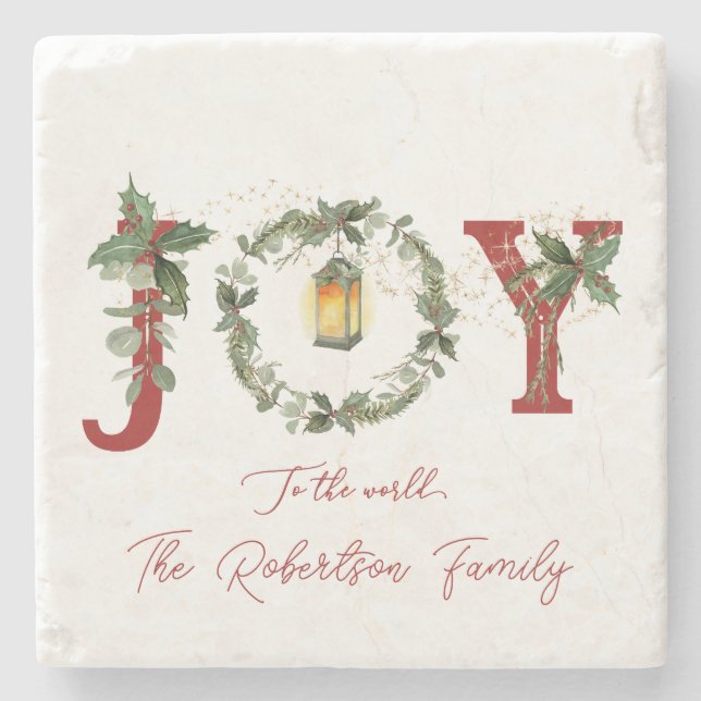 Lantern Joy to the World Christmas Wreath Holly Stone Coaster (Front)