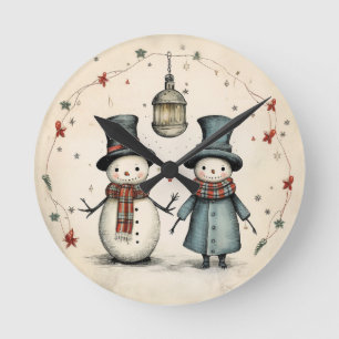 Lantern Light Companions – Vintage Snowman Round Clock