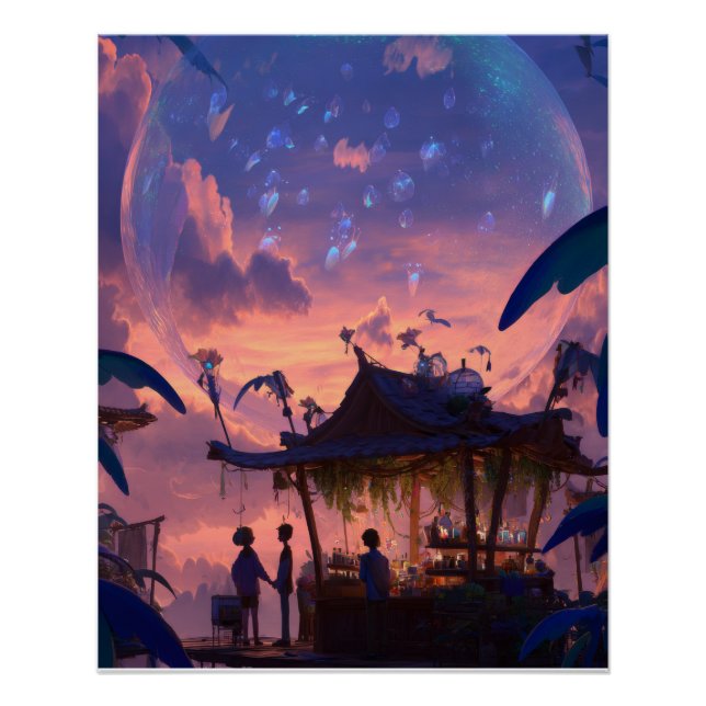 Lantern-Lit Twilight Pavilion Fantasy Scene Poster (Front)