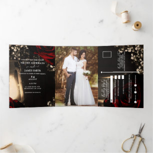 Lantern & Red Roses Romantic Rustic Wedding  Tri-Fold Invitation