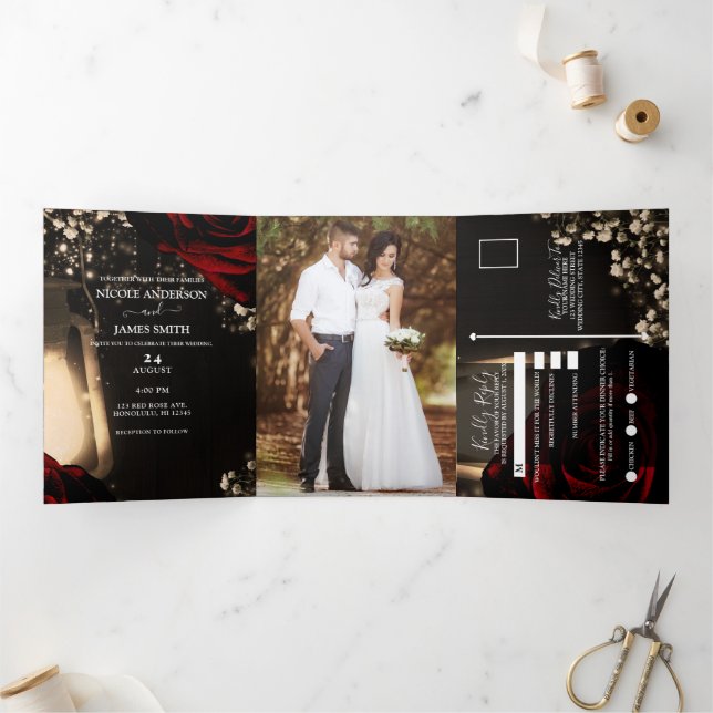 Lantern & Red Roses Romantic Rustic Wedding  Tri-Fold Invitation (Inside)